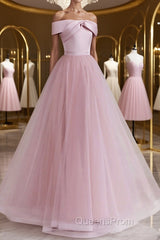 Off the Shoulder Pink Evening Prom Dress, Pink Tulle Formal Evening Dress