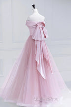 Off the Shoulder Pink Evening Prom Dress, Pink Tulle Formal Evening Dress