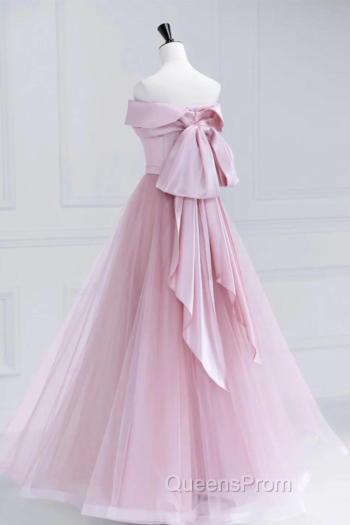 Off the Shoulder Pink Evening Prom Dress, Pink Tulle Formal Evening Dress