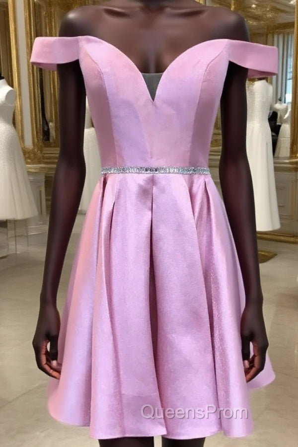 Off the Shoulder Pink Satin Short Evening Prom Homecoming Dress with Belt, Off Shoulder Pink Formal Graduation Evening Dress Main image