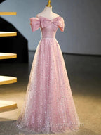 Off The Shoulder Pink Sequin Sparkle Evening Prom Dress
