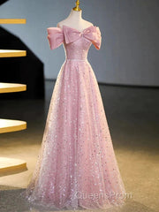 Off The Shoulder Pink Sequin Sparkle Evening Prom Dress