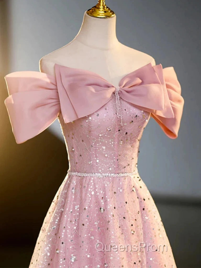 Off The Shoulder Pink Sequin Sparkle Evening Prom Dress
