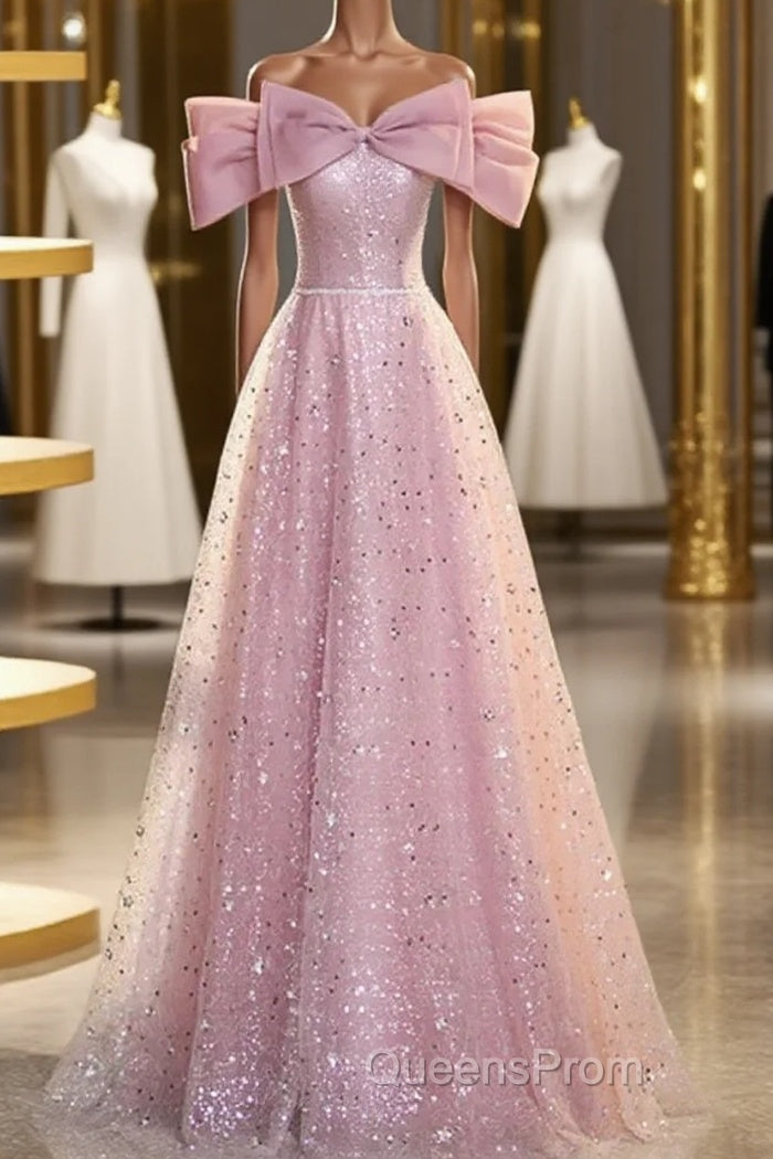 Off The Shoulder Pink Sequin Sparkle Evening Prom Dress