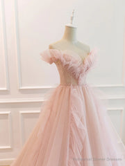Off the Shoulder Pink Tulle Beaded Long Prom Dresses, Pink Tulle Long Formal Dress
