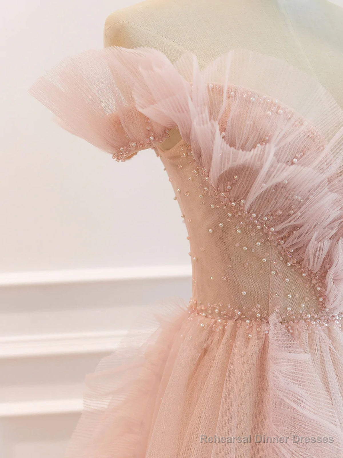 Off the Shoulder Pink Tulle Beaded Long Prom Dresses, Pink Tulle Long Formal Dress