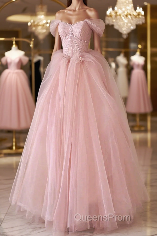Off the Shoulder Pink Tulle Evening Prom Dress, Pink Tulle Long Formal Graduation Dress Main image