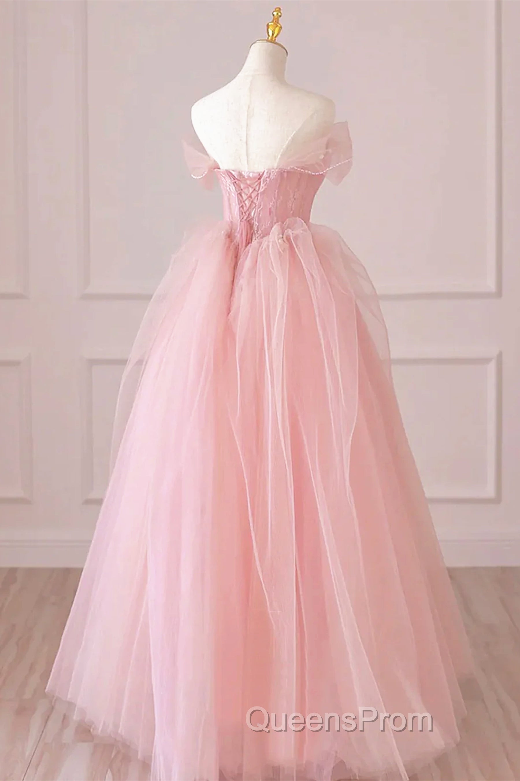 Off the Shoulder Pink Tulle Evening Prom Dress, Pink Tulle Long Formal Graduation Dress Secondary image