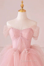 Off the Shoulder Pink Tulle Evening Prom Dress, Pink Tulle Long Formal Graduation Dress