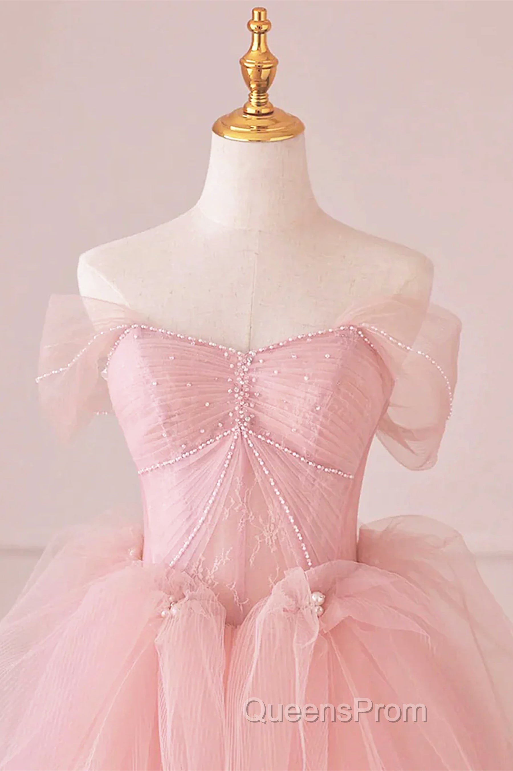 Off the Shoulder Pink Tulle Evening Prom Dress, Pink Tulle Long Formal Graduation Dress