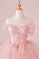 Off the Shoulder Pink Tulle Evening Prom Dress, Pink Tulle Long Formal Graduation Dress