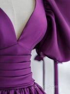 Off The Shoulder Purple Satin Long Evening Prom Dress, Purple Off Shoulder Long Formal Evening Dress
