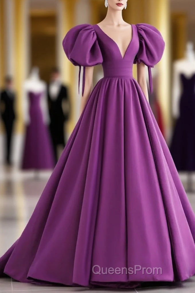 Off The Shoulder Purple Satin Long Evening Prom Dress, Purple Off Shoulder Long Formal Evening Dress Main image