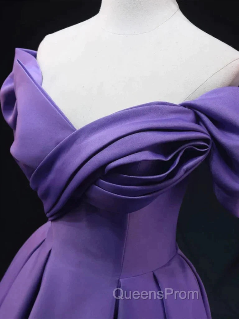 Off The Shoulder Purple Satin Ruched Evening Prom Dress