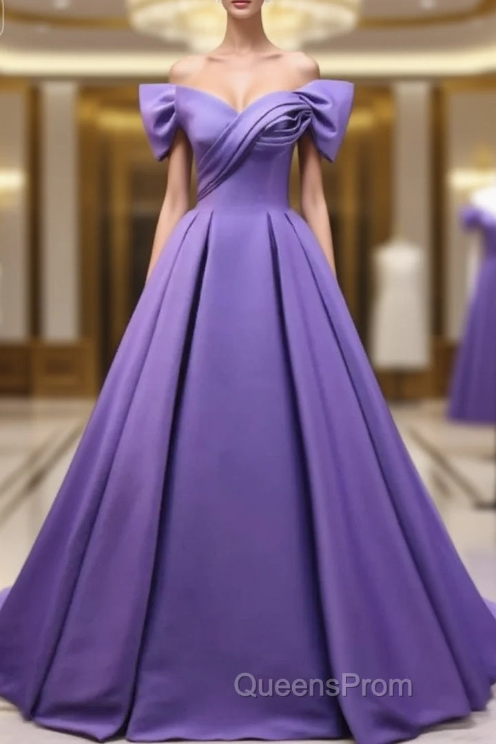 Off The Shoulder Purple Satin Ruched Evening Prom Dress Main image