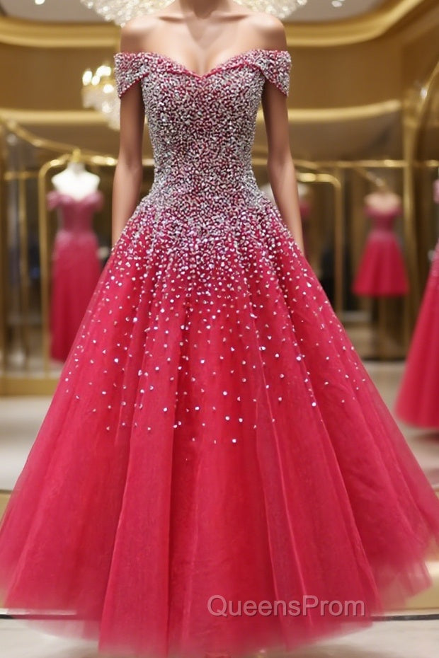 Off the Shoulder Red Long Evening Prom Gown, Off the Shoulder Red Beaded Formal Evening Dress Main image