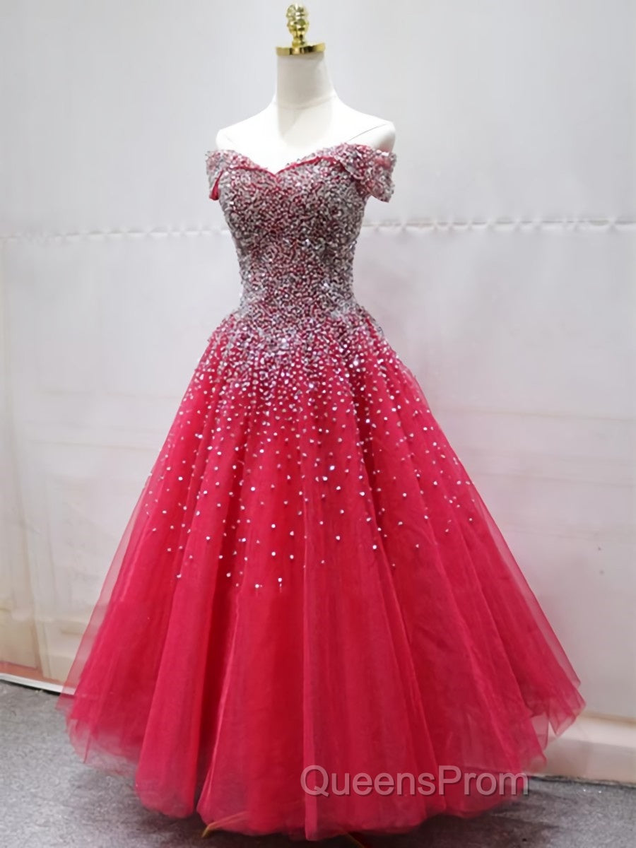 Off the Shoulder Red Long Evening Prom Gown, Off the Shoulder Red Beaded Formal Evening Dress