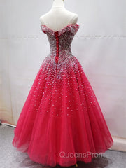 Off the Shoulder Red Long Evening Prom Gown, Off the Shoulder Red Beaded Formal Evening Dress