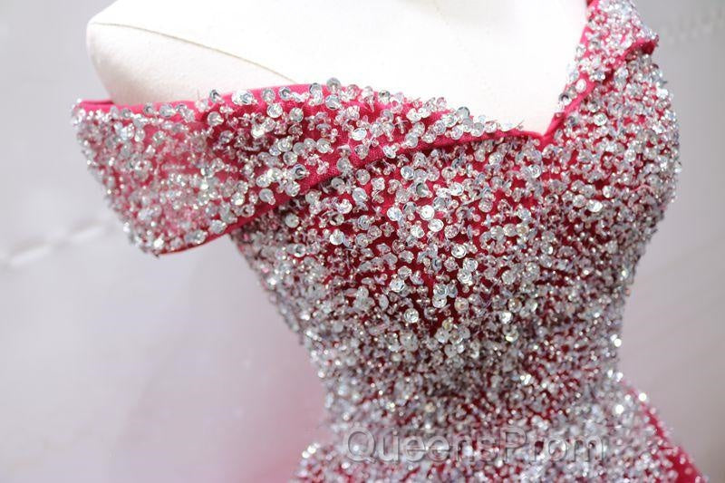Off the Shoulder Red Long Evening Prom Gown, Off the Shoulder Red Beaded Formal Evening Dress