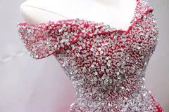 Off the Shoulder Red Long Evening Prom Gown, Off the Shoulder Red Beaded Formal Evening Dress