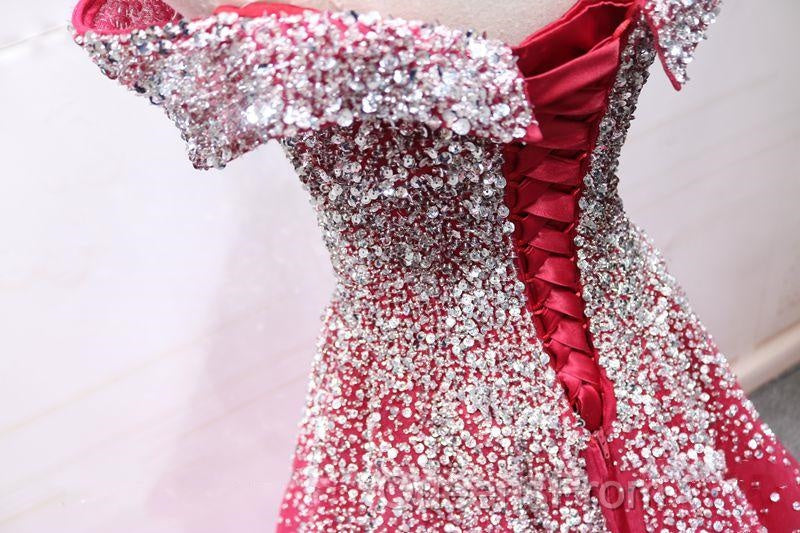 Off the Shoulder Red Long Evening Prom Gown, Off the Shoulder Red Beaded Formal Evening Dress