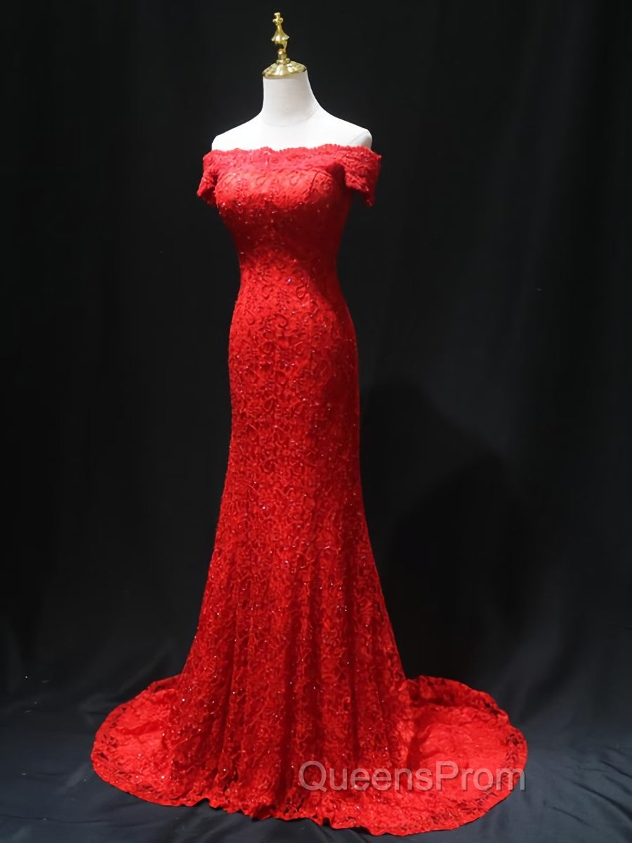 Off the Shoulder Red Mermaid Lace Evening Prom Dress, Red Mermaid Lace Formal Bridesmaid Dress Secondary image