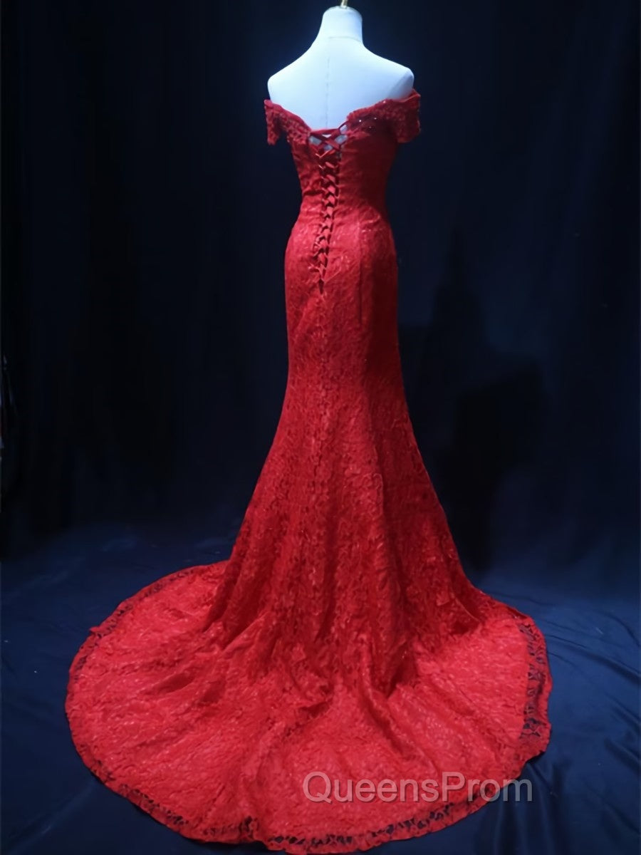 Off the Shoulder Red Mermaid Lace Evening Prom Dress, Red Mermaid Lace Formal Bridesmaid Dress