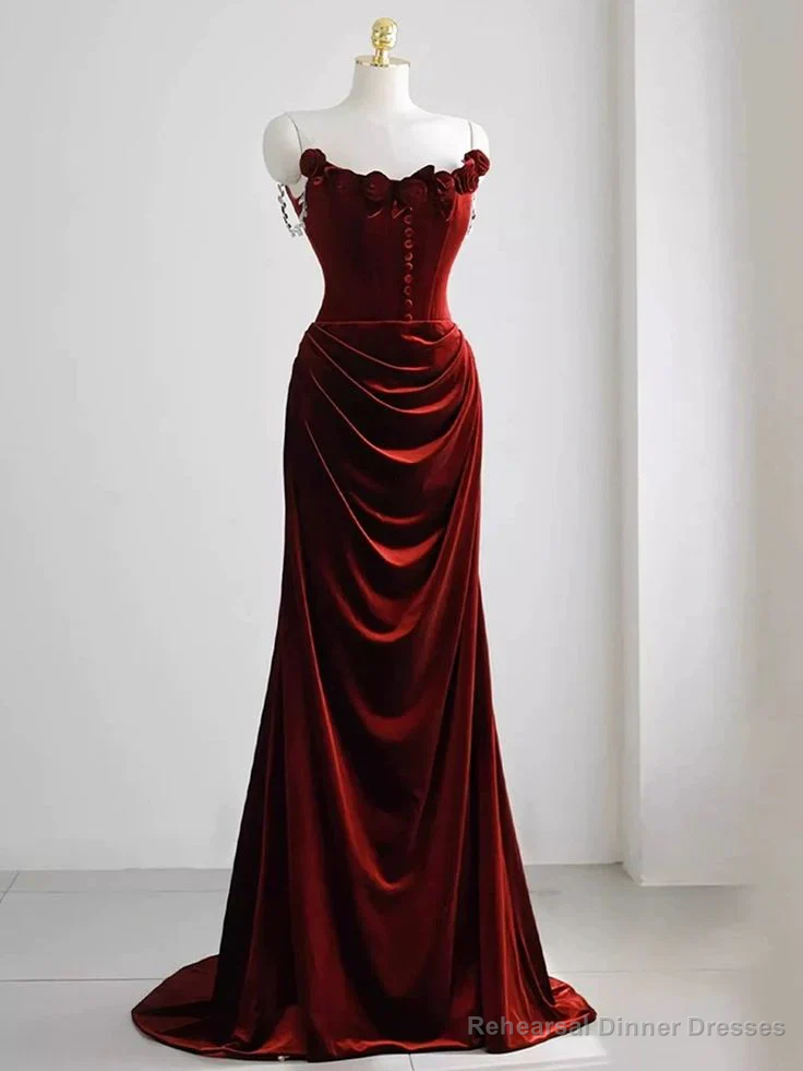 Off-the-Shoulder Red Velvet Evening Dress Floral Prom Dress Chic Mermaid Dress Main image