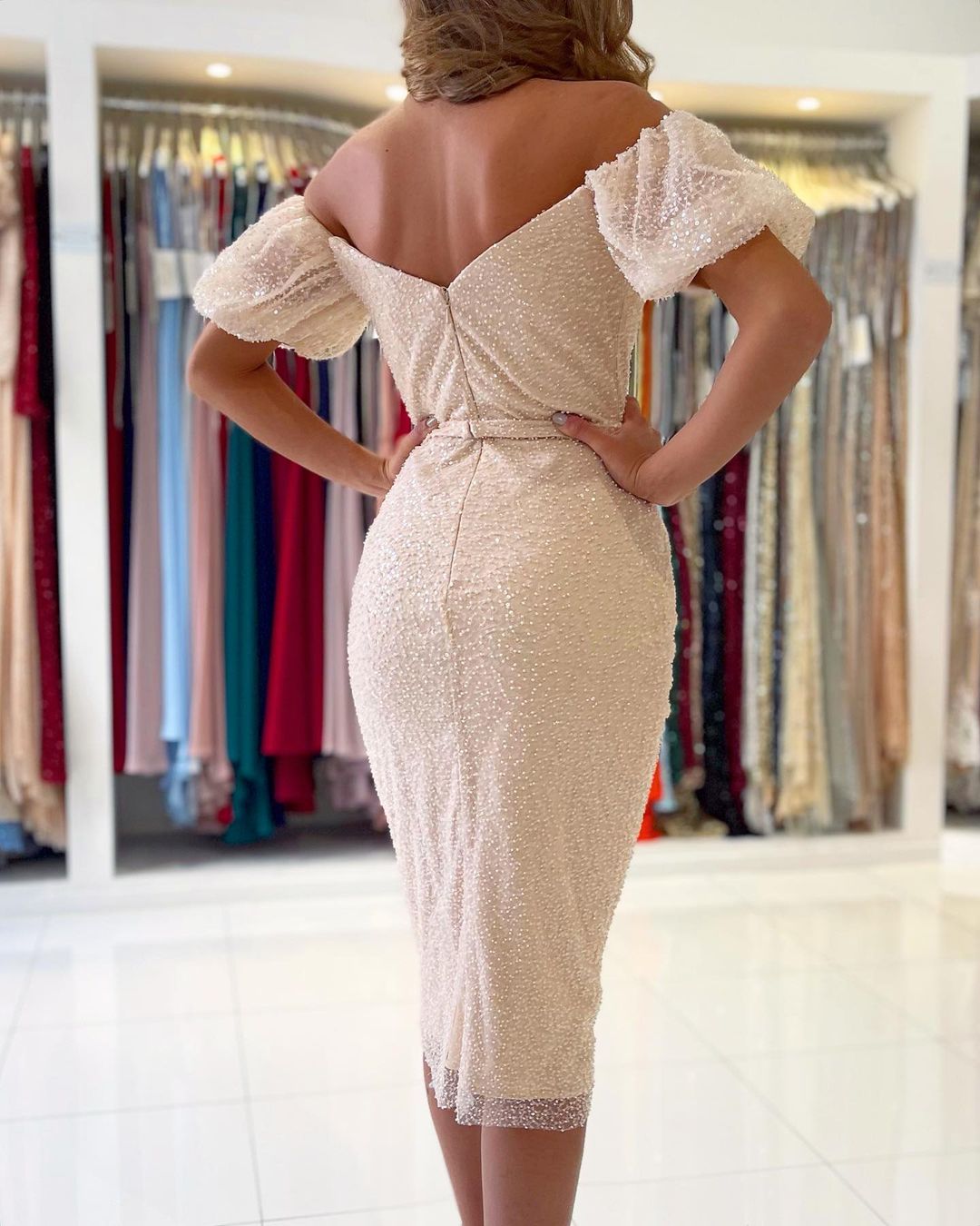 Off-The-Shoulder Sequins Short Prom Dress With Slit Party Gowns