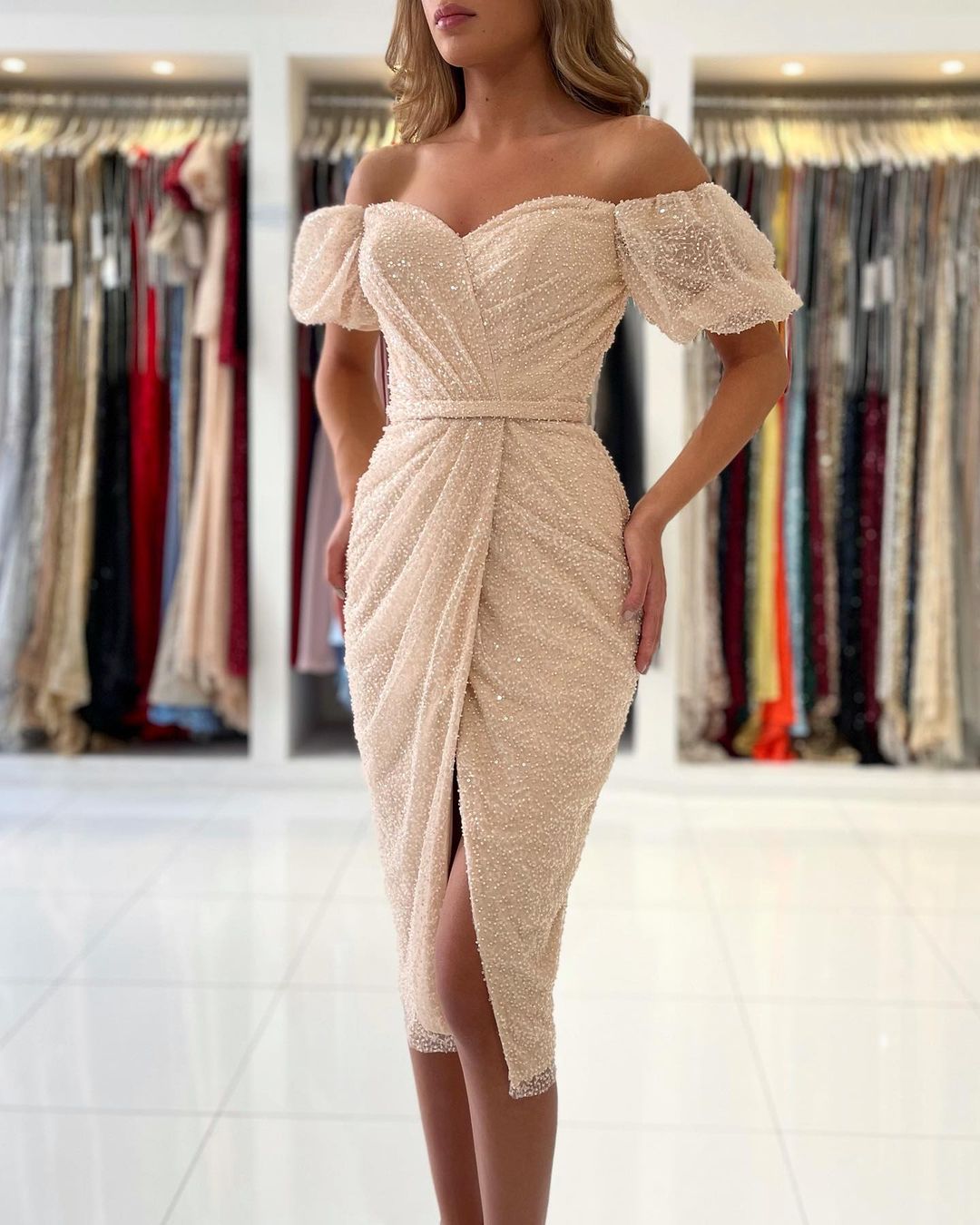 Off-The-Shoulder Sequins Short Prom Dress With Slit Party Gowns