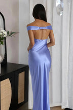 Off The Shoulder Sheath Maxi Dress Satin Long Prom Dress With Open Back