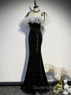 Off The Shoulder Shiny Black Mermaid Evening Prom Dress, Off Shoulder Shiny Black Long Formal Evening Dress