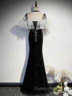 Off The Shoulder Shiny Black Mermaid Evening Prom Dress, Off Shoulder Shiny Black Long Formal Evening Dress
