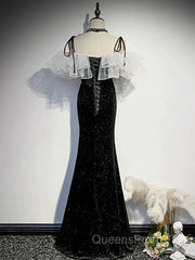 Off The Shoulder Shiny Black Mermaid Evening Prom Dress, Off Shoulder Shiny Black Long Formal Evening Dress