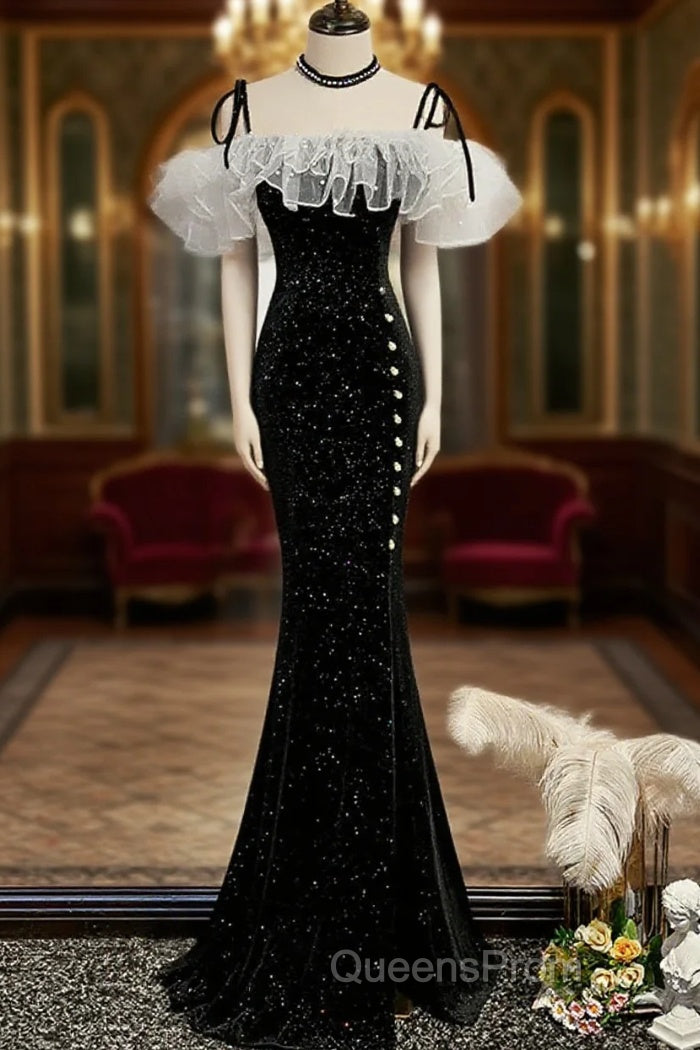 Off The Shoulder Shiny Black Mermaid Evening Prom Dress, Off Shoulder Shiny Black Long Formal Evening Dress Main image