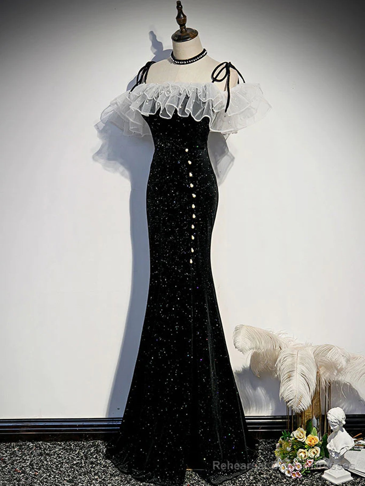 Off the Shoulder Shiny Black Mermaid Prom Dresses, Shiny Black Long Formal Dresses Secondary image