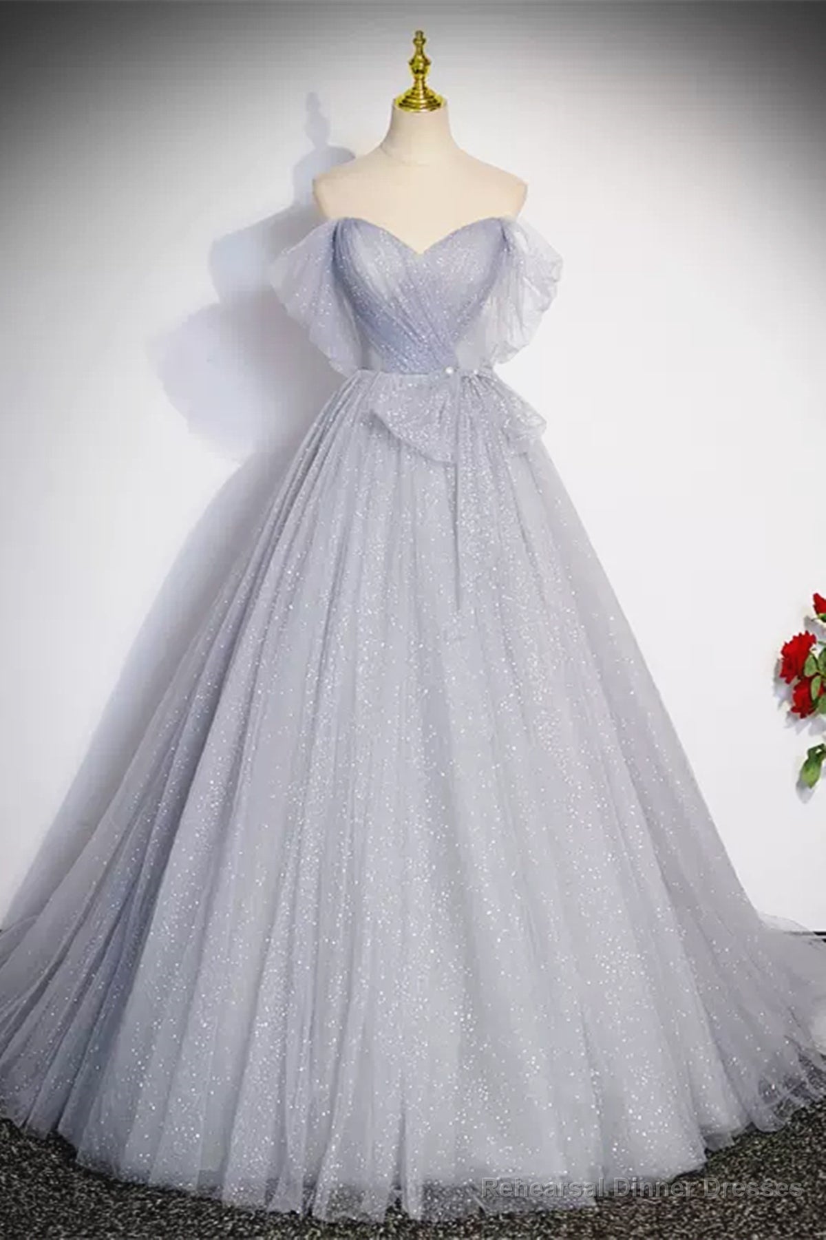 Off the Shoulder Shiny Gray Long Prom Dresses, Off Shoulder Gray Long Formal Evening Dresses Main image