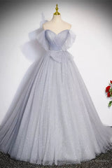 Off the Shoulder Shiny Gray Long Prom Dresses, Off Shoulder Gray Long Formal Evening Dresses