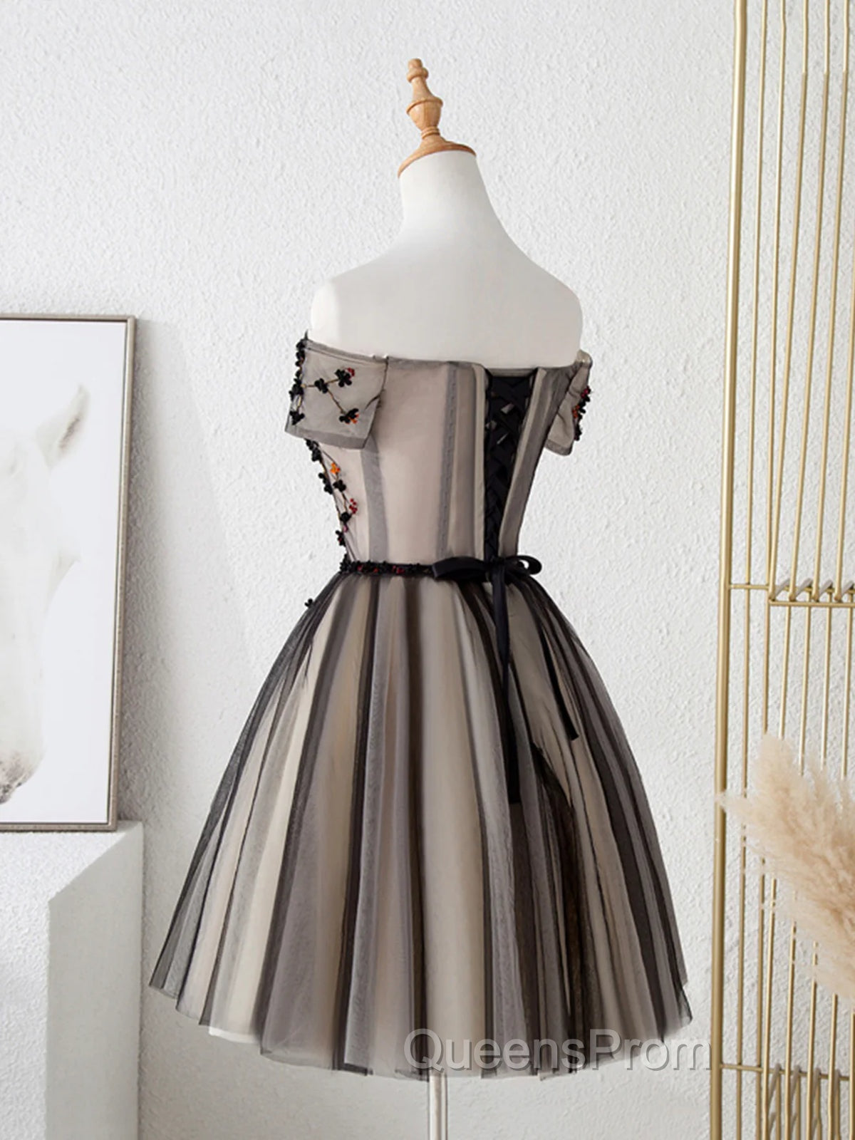 Off The Shoulder Short Black Floral Evening Prom Dress, Short Black Floral Graduation Homecoming Dress