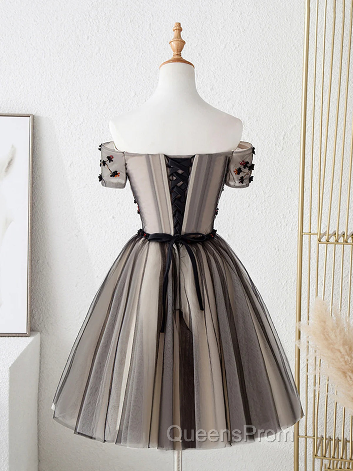 Off The Shoulder Short Black Floral Evening Prom Dress, Short Black Floral Graduation Homecoming Dress