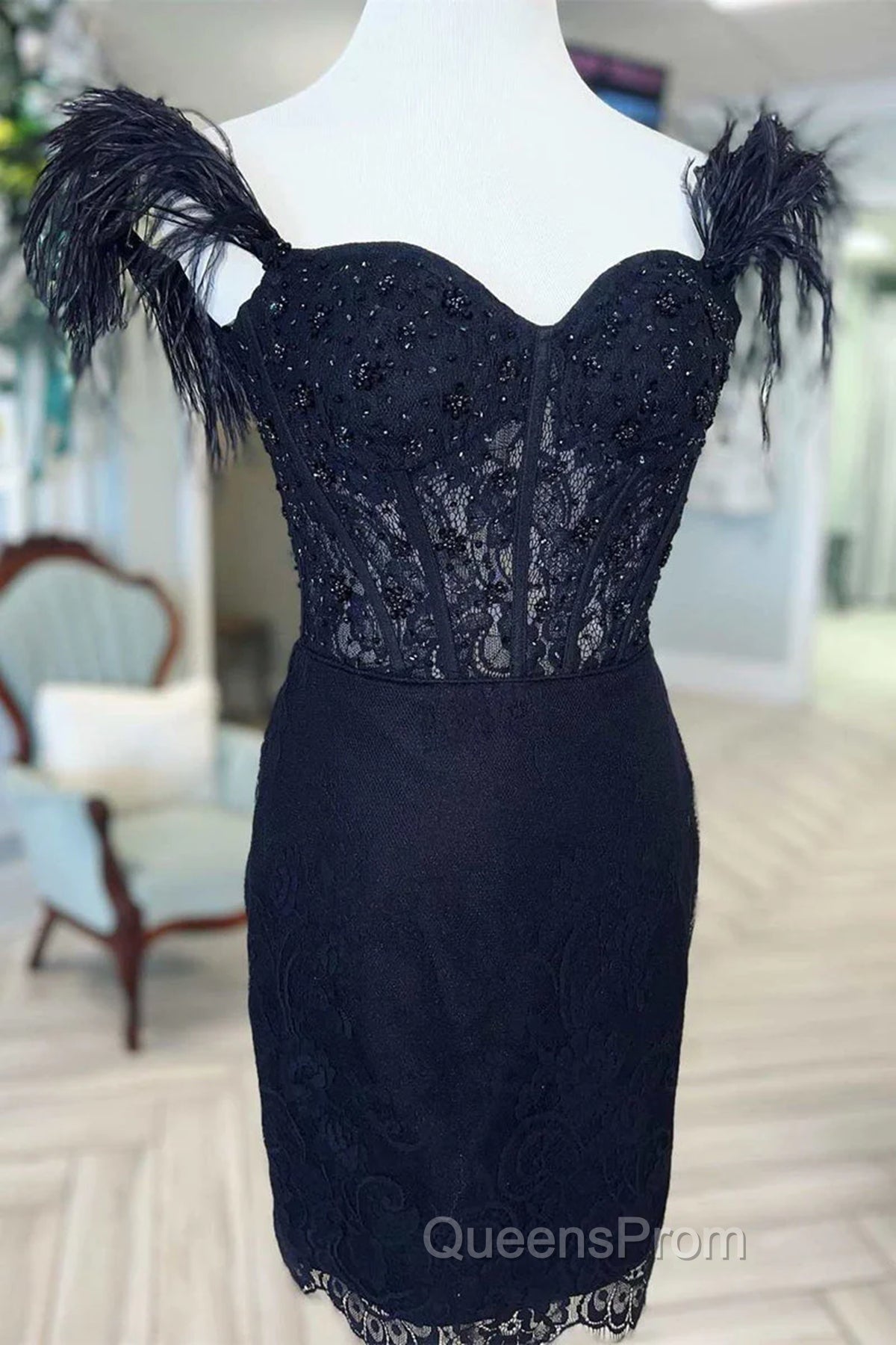 Off the Shoulder Short Black Lace Evening Prom Dress, Short Black Lace Formal Homecoming Dress
