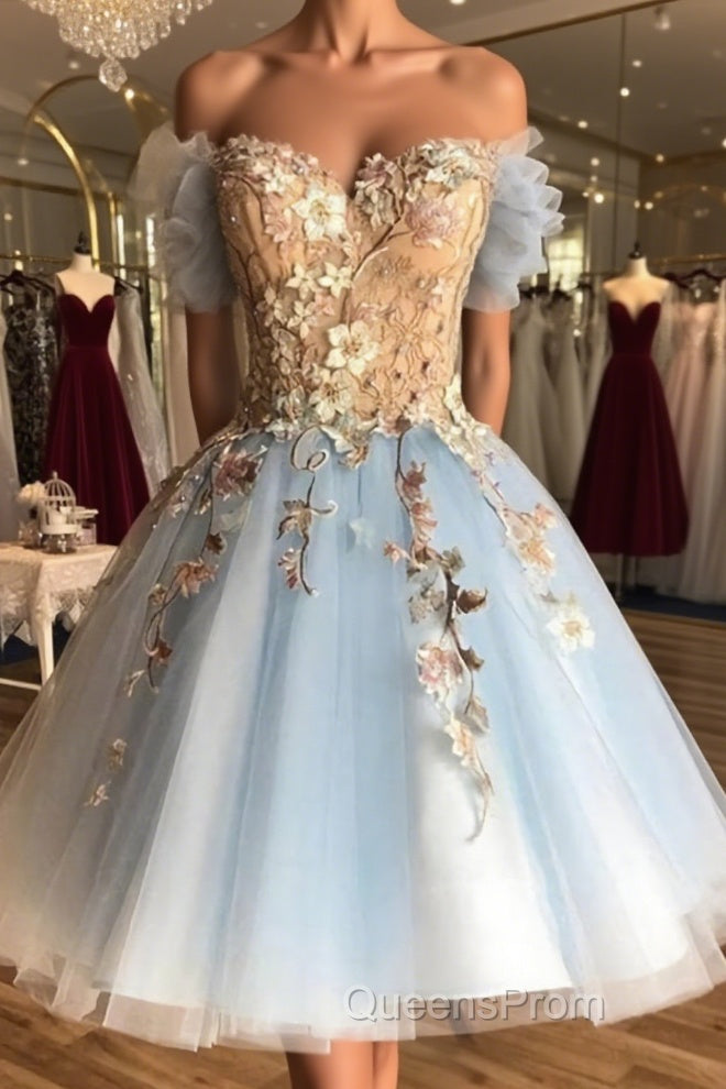 Off the Shoulder Short Blue Lace Floral Evening Prom Dress, Off the Shoulder Short Blue Lace Graduation Homecoming Dress Main image