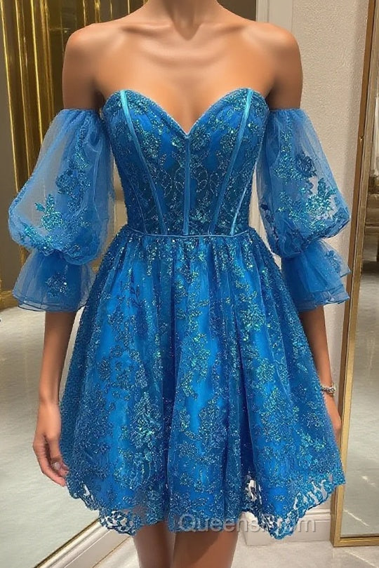Off the Shoulder Short Blue Lace Evening Prom Dress, Short Blue Lace Formal Homecoming Dress Main image