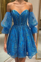Off the Shoulder Short Blue Lace Evening Prom Dress, Short Blue Lace Formal Homecoming Dress