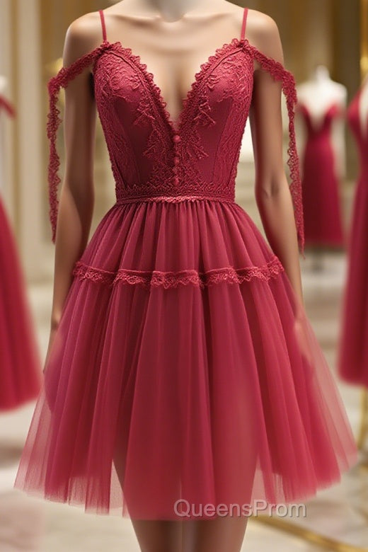Off the Shoulder Short Burgundy Lace Evening Prom Dress, Wine Red Short Lace Formal Graduation Dress Main image