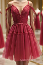 Off the Shoulder Short Burgundy Lace Evening Prom Dress, Wine Red Short Lace Formal Graduation Dress