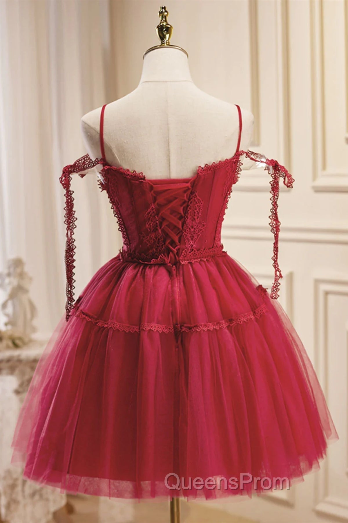 Off the Shoulder Short Burgundy Lace Evening Prom Dress, Wine Red Short Lace Formal Graduation Dress