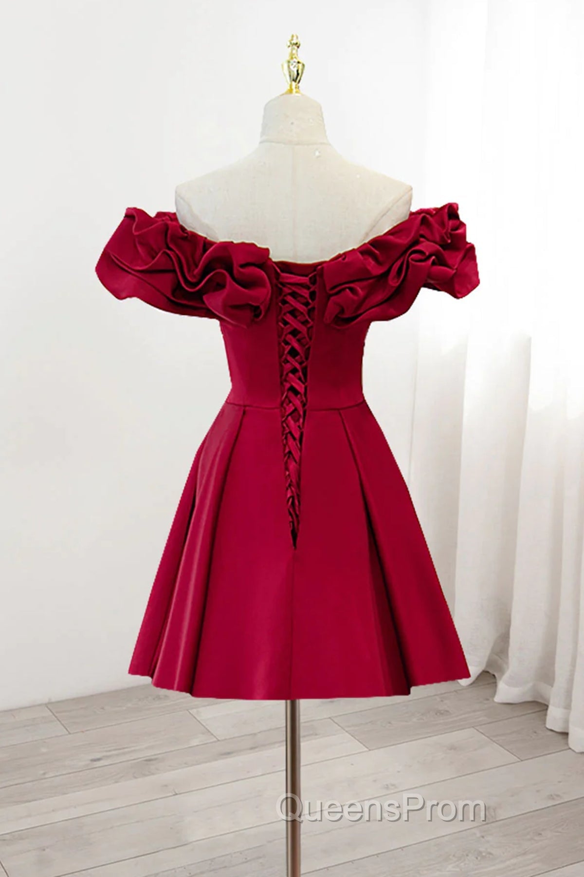 Off the Shoulder Short Burgundy Evening Prom Dress, Short Wine Red Graduation Homecoming Dress