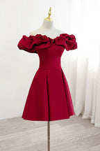 Off the Shoulder Short Burgundy Evening Prom Dress, Short Wine Red Graduation Homecoming Dress