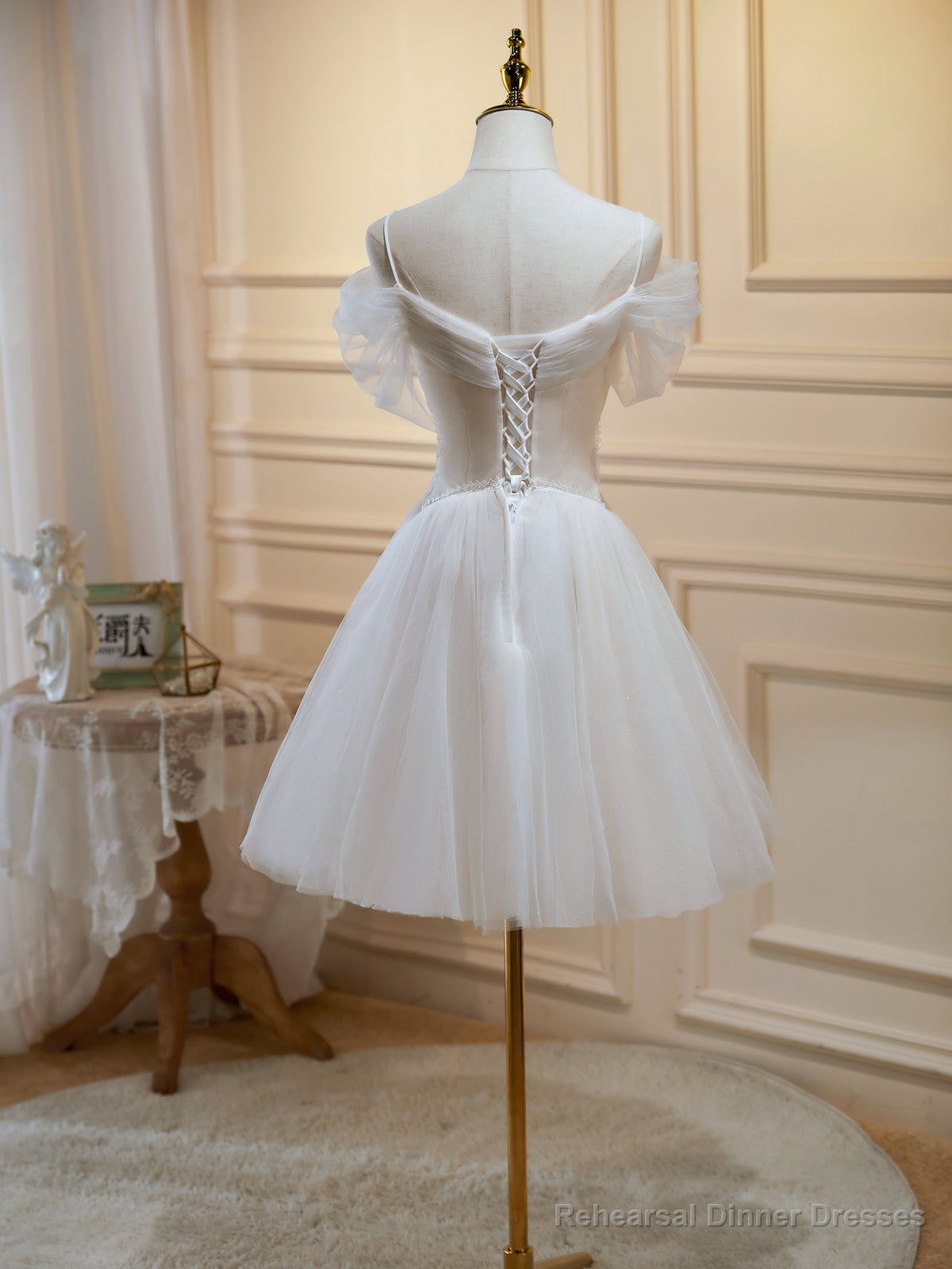 Off the Shoulder Short Champagne Tulle Prom Dresses, Short Formal Homecoming Dress Secondary image